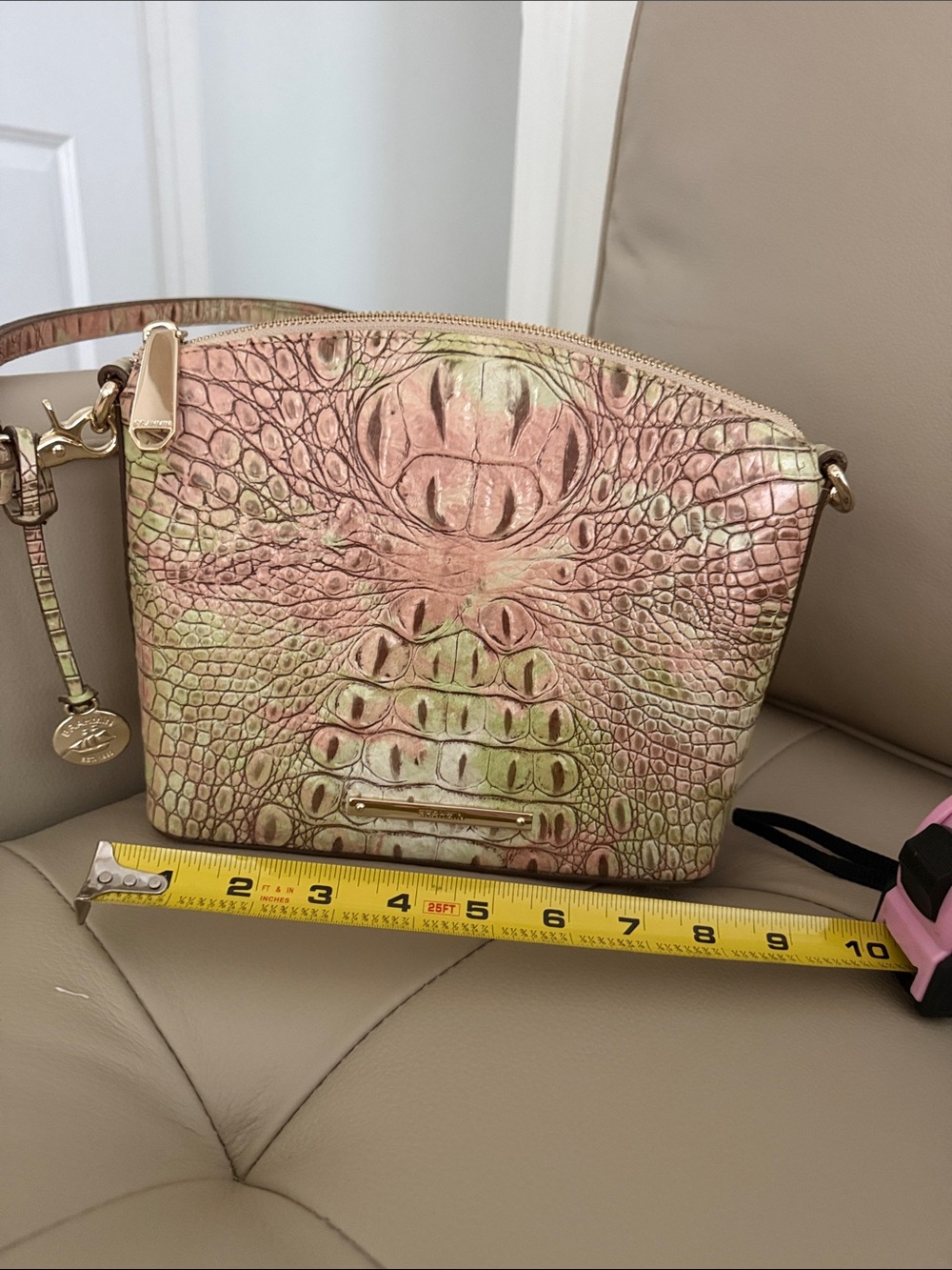 Brahmin Pink and Green Croc-Embossed Crossbody Bag